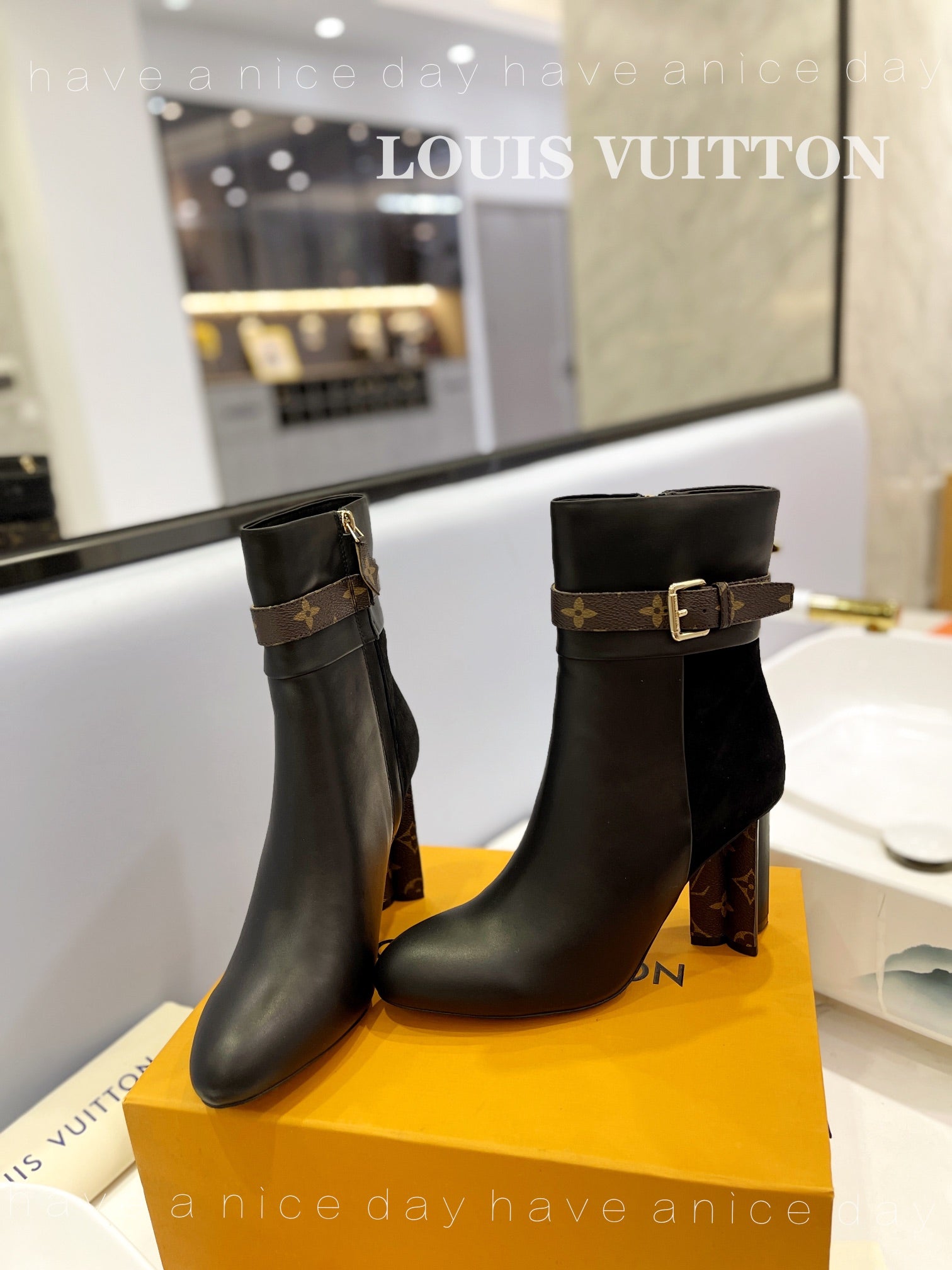 LV 26s Silhouette Ankle Boot 10cm Black Cowhide Suede & Monogram Canvas 574331