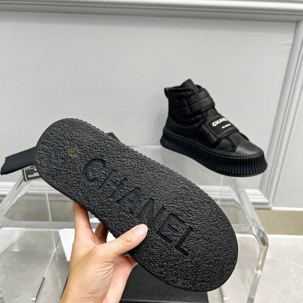 CC High Top Sneaker Thick-Soled Black Rain Velvet Fabric