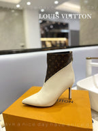 LV Cherie Ankle Boots 9cm Cream Calfskin Monogram Canvas