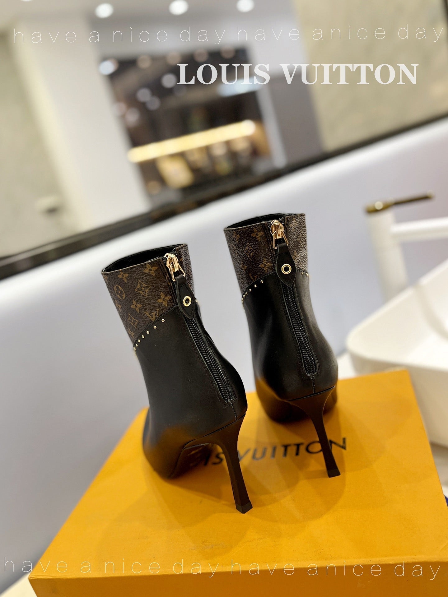 LV Cherie Ankle Boots 9cm Black Calfskin Monogram Canvas