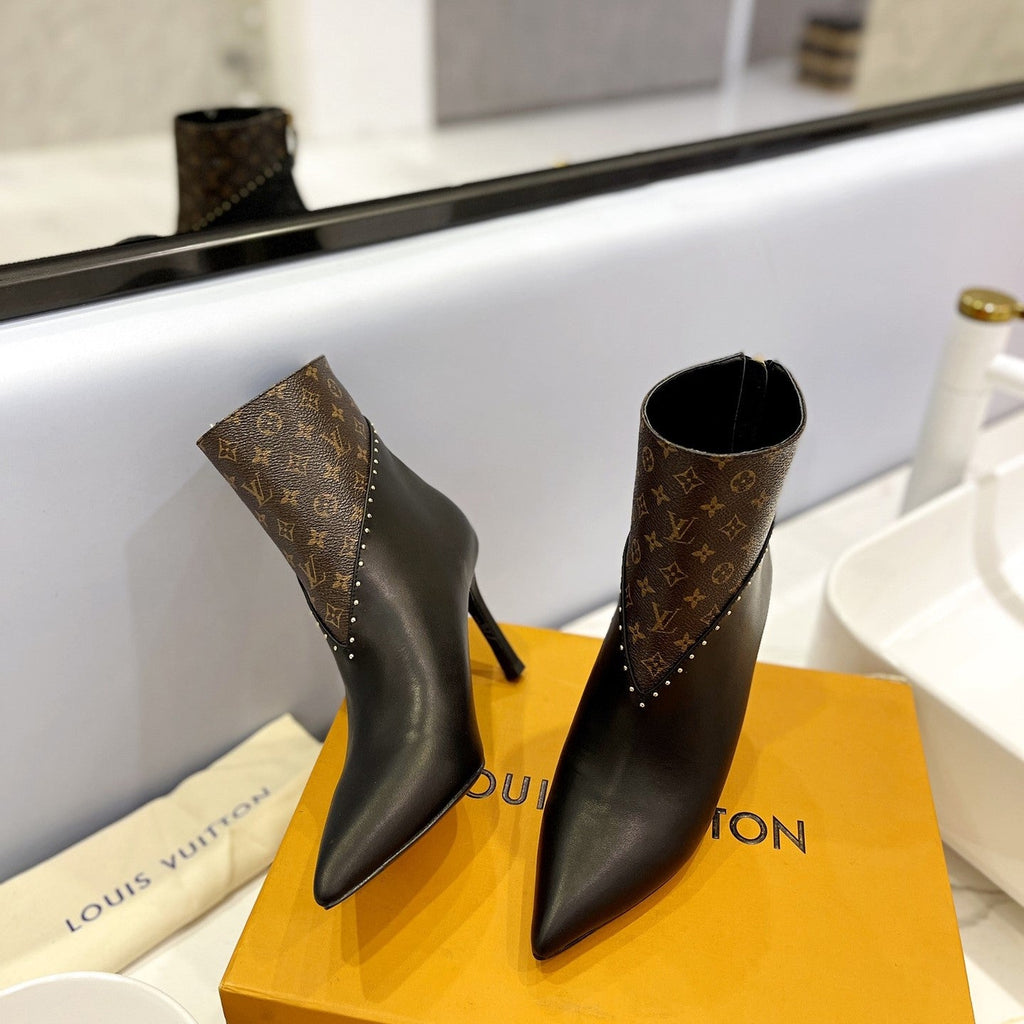 LV Cherie Ankle Boots 9cm Black Calfskin Monogram Canvas