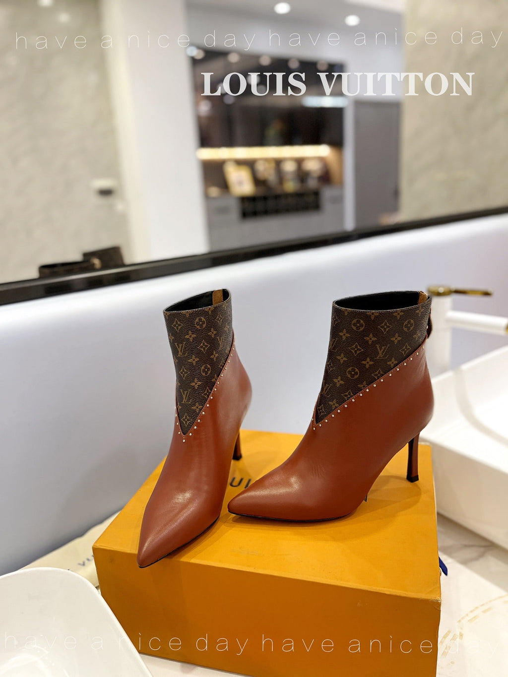 LV Cherie Ankle Boots 9cm Brown Calfskin Monogram Canvas