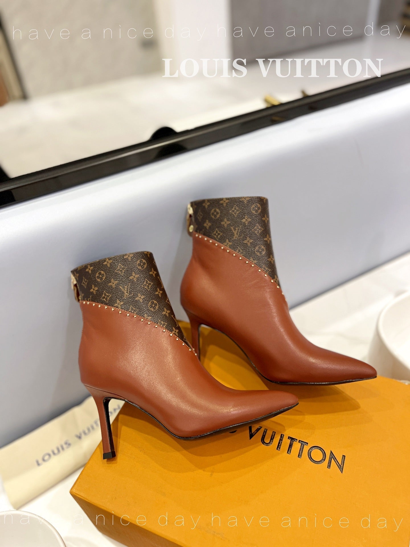 LV Cherie Ankle Boots 9cm Brown Calfskin Monogram Canvas