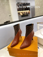 LV Cherie Ankle Boots 9cm Brown Calfskin Monogram Canvas