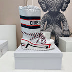 CD Platform Snow Boots White Navy Blue Cowhide Nylon Fabric 539652