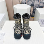 CD Snow Ankle Boots Black Beige Cowhide Nylon Fabric 539662