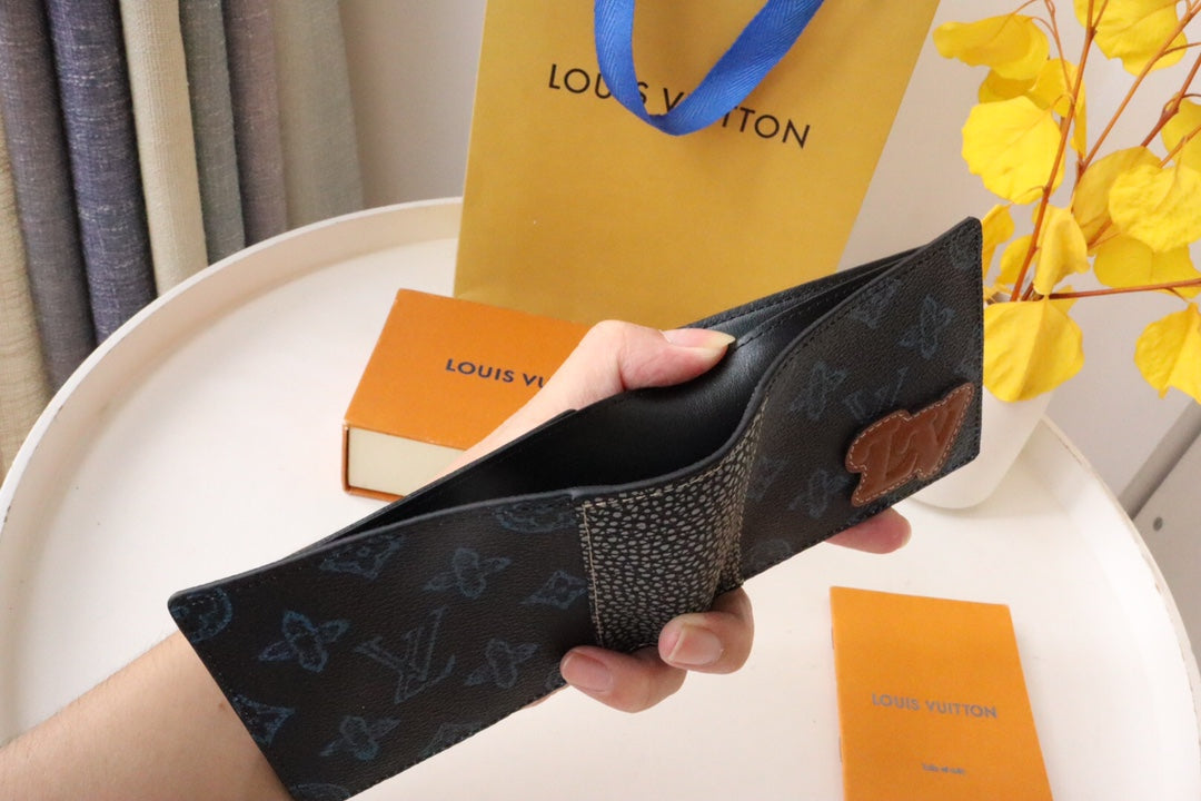 LV Logo Slender Wallet Black Blue Monogram Canvas 182771