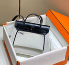 HM Pegase Pop Herbag Zip 31 White Blue Canvas Black Cowhide Leather