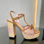 GG Kertu Platform Sandals 12cm Beige Raffia Leather 695693