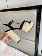 GG Kertu Platform Sandals 12cm Beige Black Raffia Leather 695697