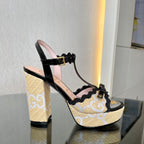 GG Kertu Platform Sandals 12cm Beige Black Raffia Leather 695697