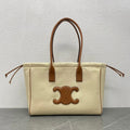 Celine Drawstring Cabas Bag Beige Brown Calfskin Textile