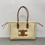 Celine Drawstring Cabas Bag Beige Brown Calfskin Textile