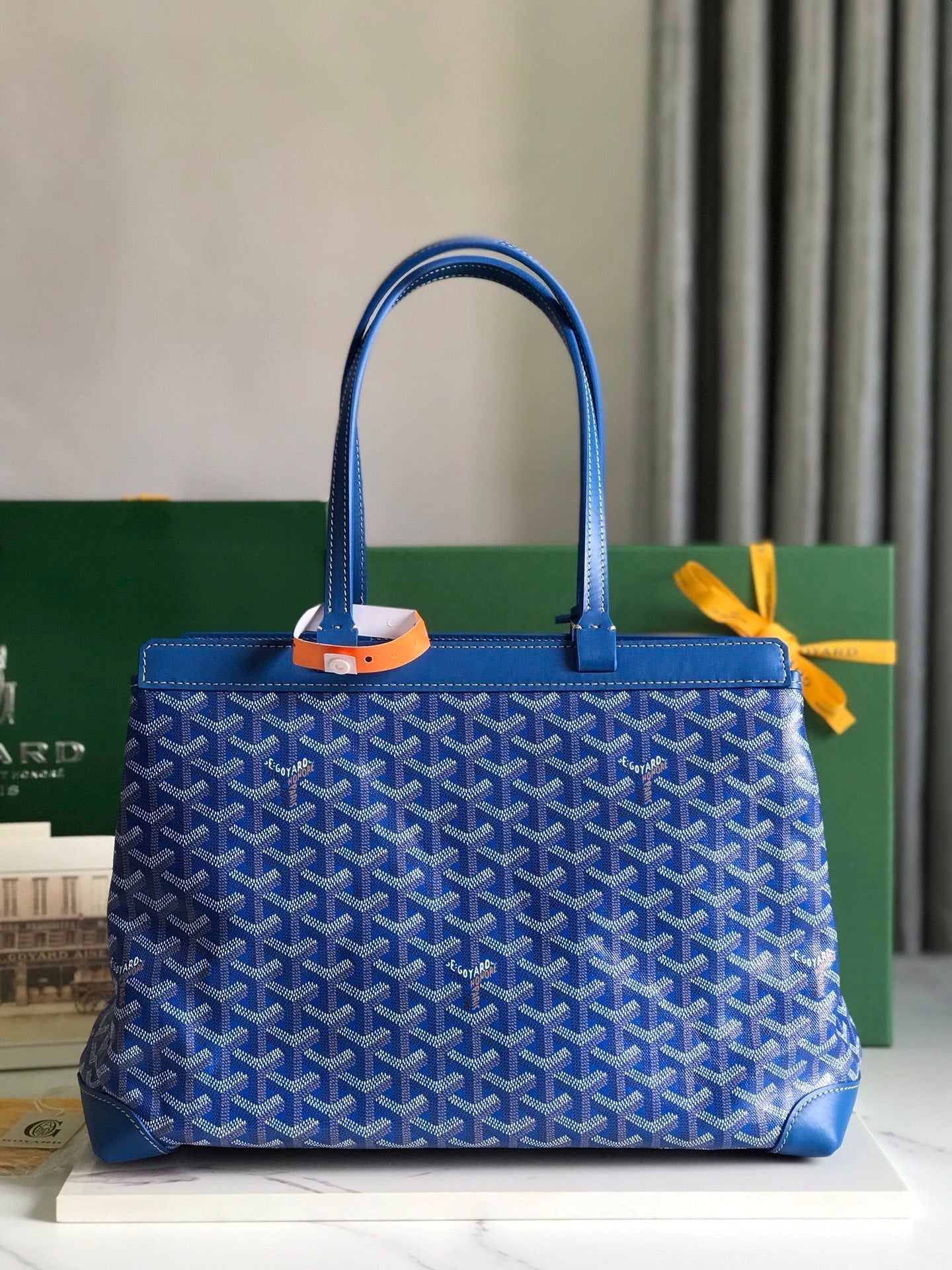 BELLECHASSE BIAUDE PM BAG 36 IN BLUE GOYARDINE CANVAS AND CALFSKIN TRIM