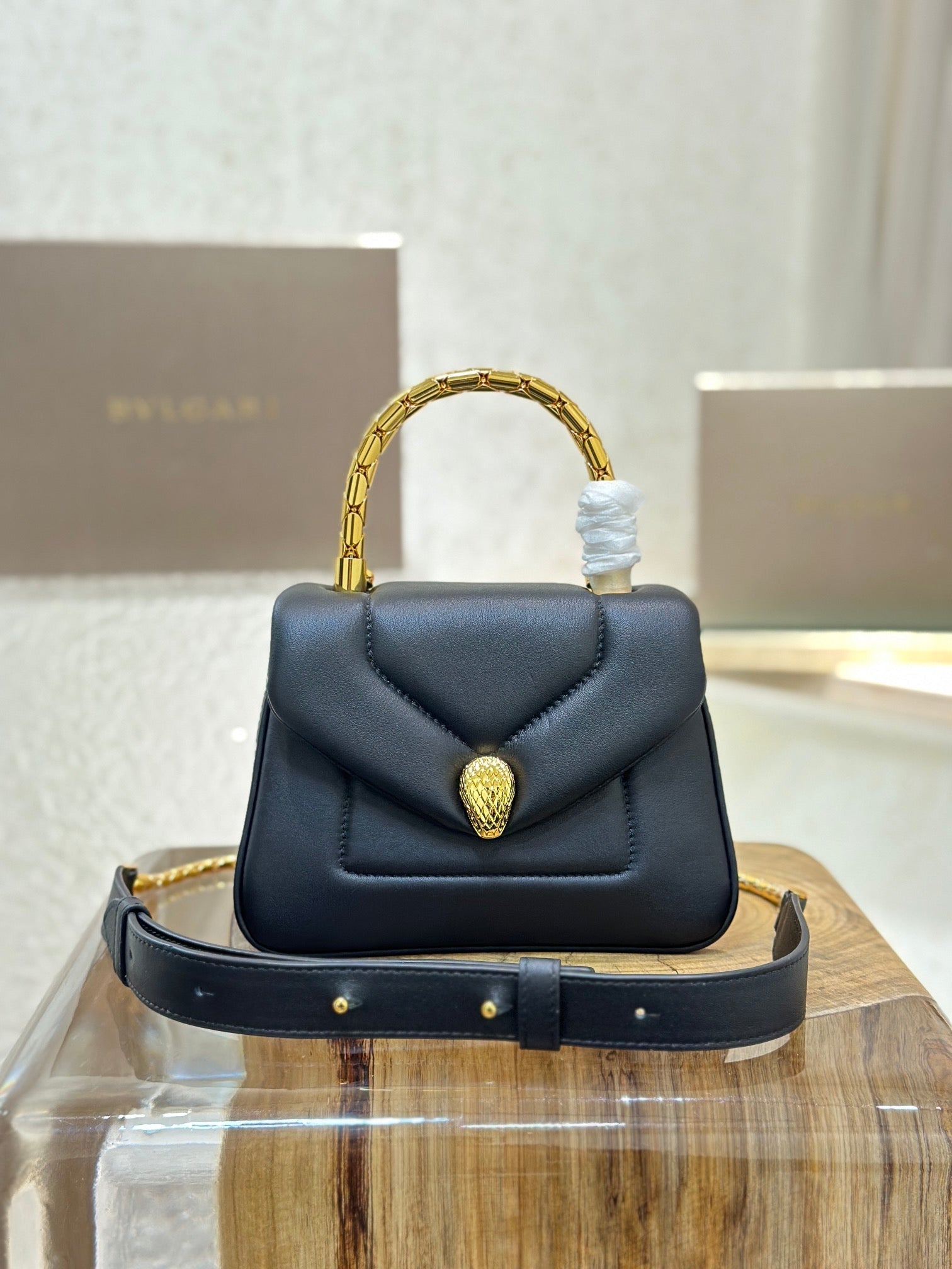BVL Serpenti Reverse Top Handle 20cm Black Calfskin GHW 188564