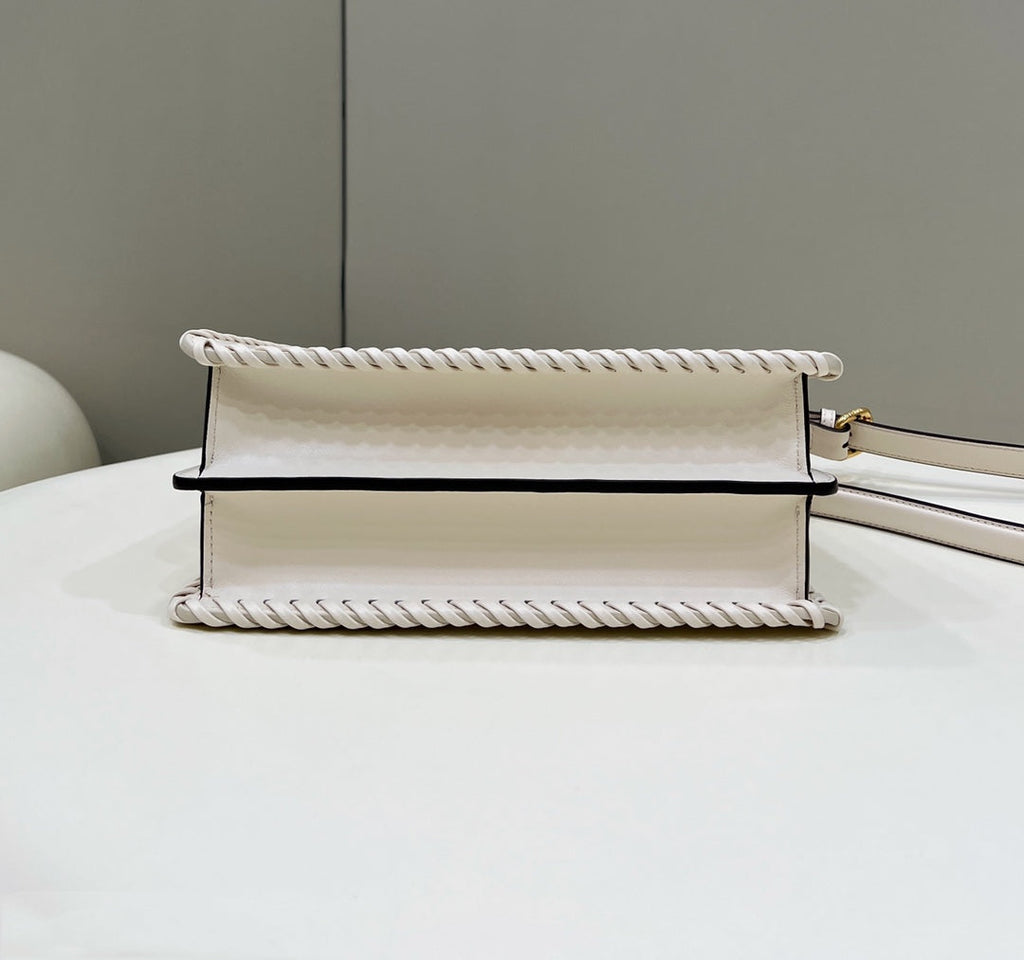 PEEKABOO ISEEU 27 IN WHITE SMOOTH CALFSKIN WITH WOVEN TRIM GOLD HARDWARE