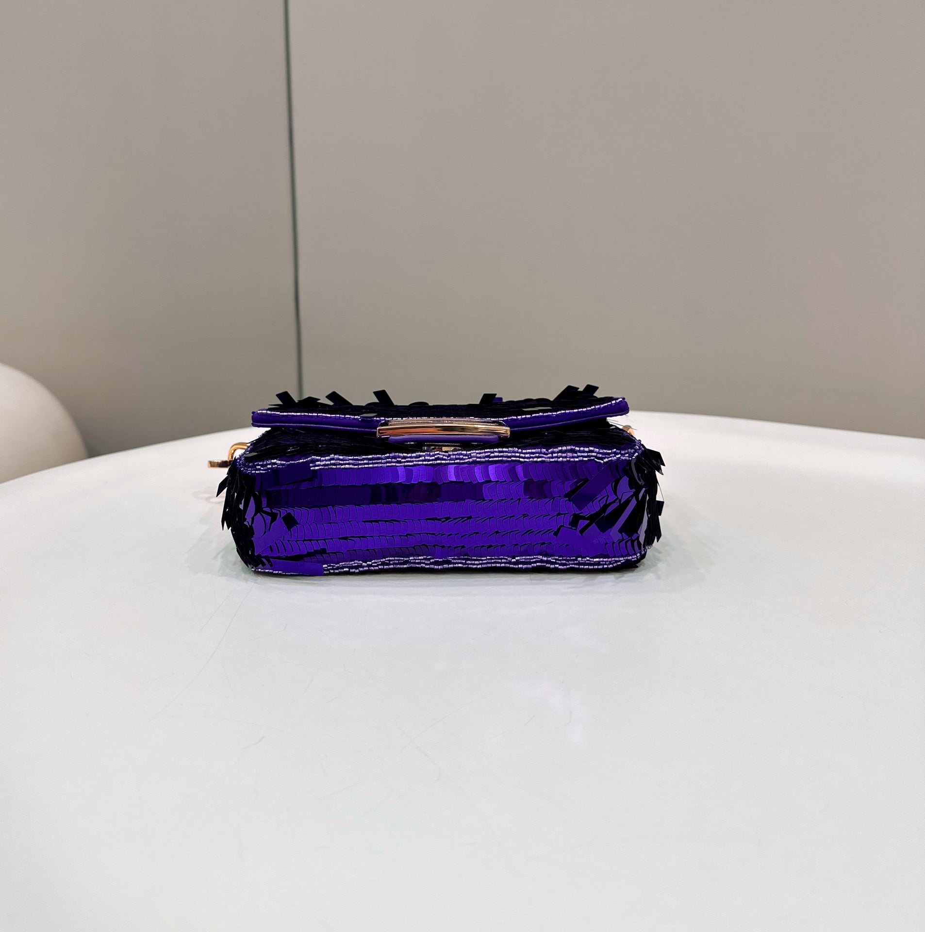 BAGUETTE MINI 19 IN GRAPE JELLY SEQUINS GOLD HARDWARE