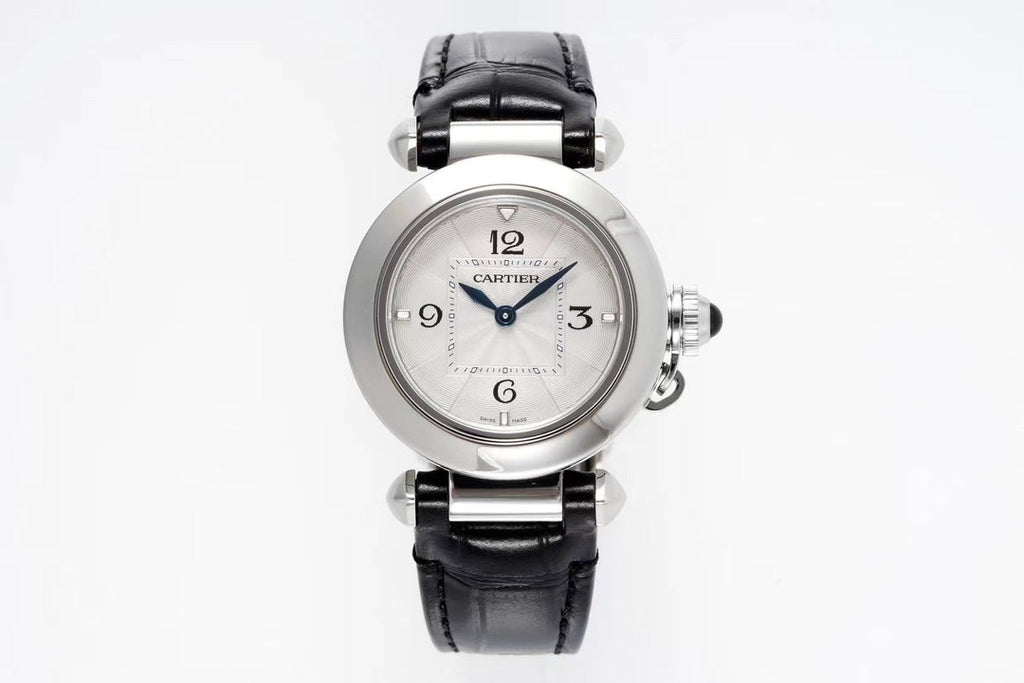 pasha 30mm quartz stainless steel white dial black leather