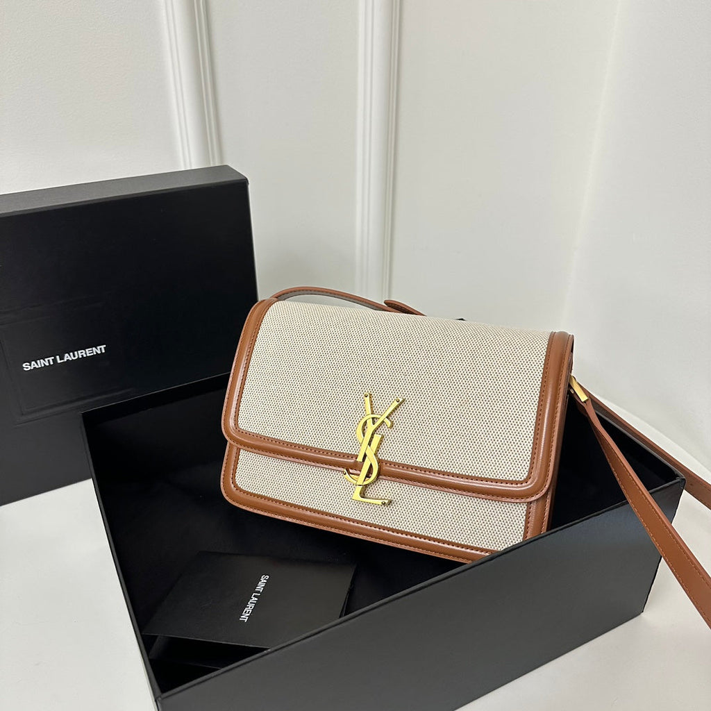 YSL Solferino Small Satchel Bag Brown Beige Gold Calfskin Canvas 339479
