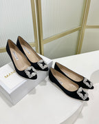Manolo Hangisi Black Satin Jewel Buckle Pump 95