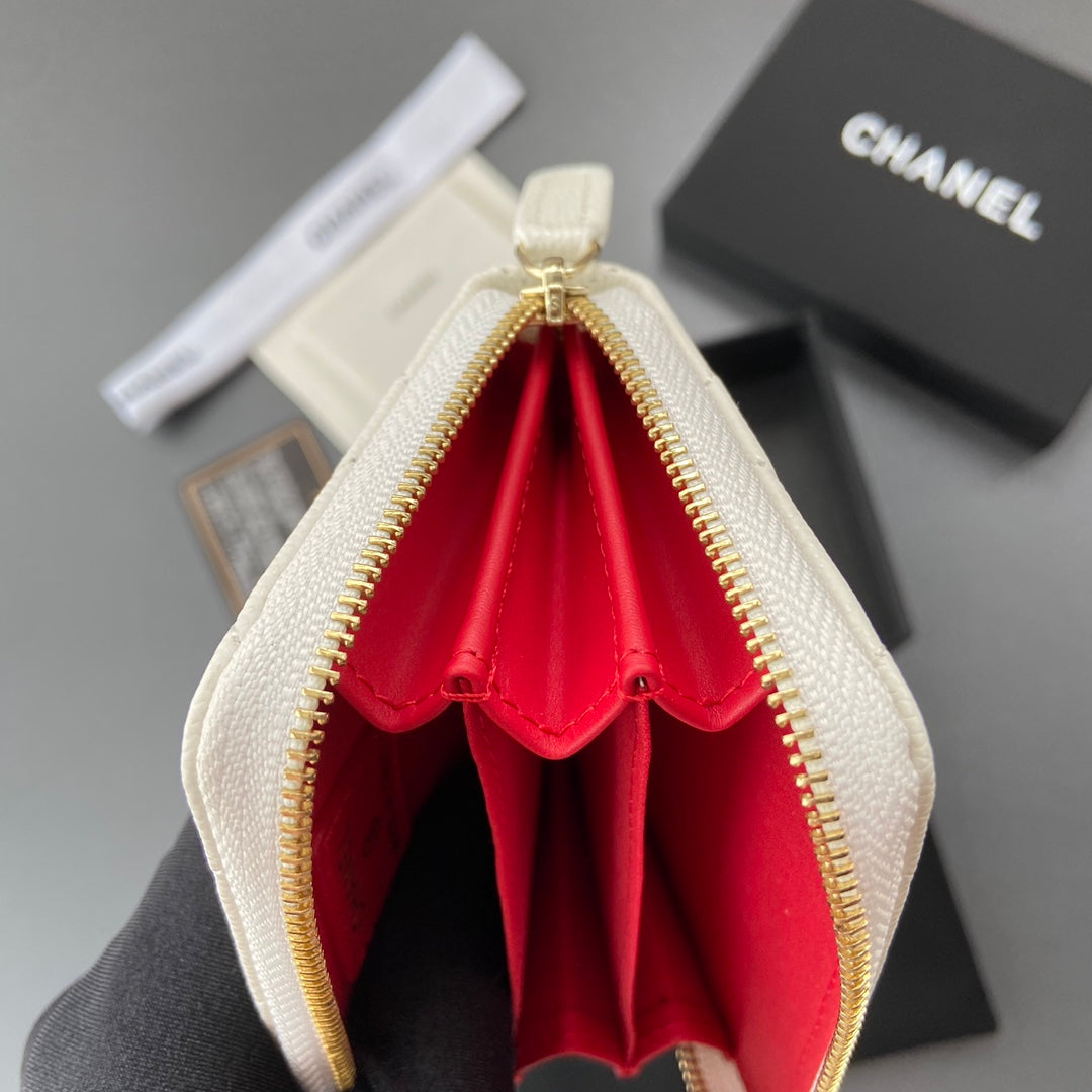 CC A3185 Zipper Coin Purse White Caviar GHW 193265