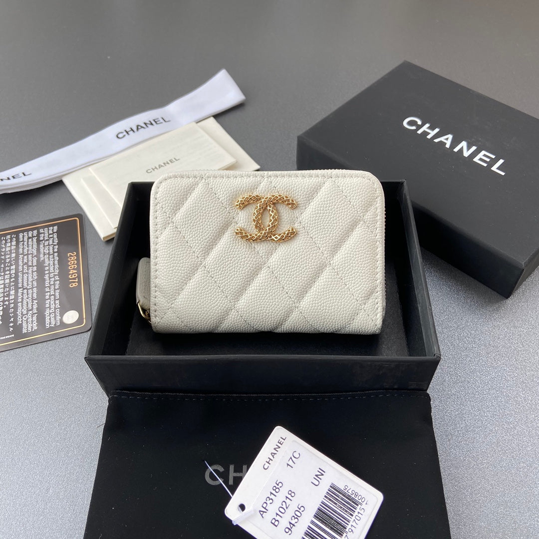 CC A3185 Zipper Coin Purse White Caviar GHW 193265
