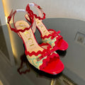 GG Kertu Heel Sandals 8cm Beige Red Green Raffia Leather 695680