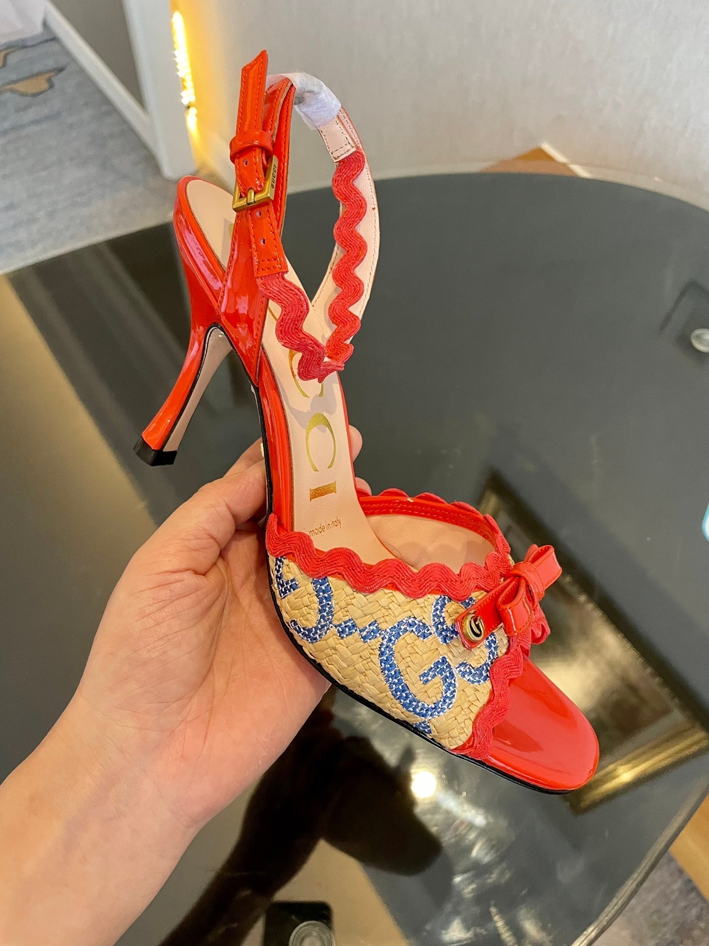 GG Kertu Heel Sandals 8cm Beige Red Blue Raffia Leather 695681
