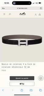 HM Silver H Buckle & Reversible 32mm Belt Beige mix Black leather 124653