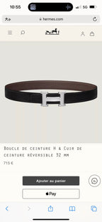 HM Silver H Buckle & Reversible 32mm Belt Black Ebony leather 124644