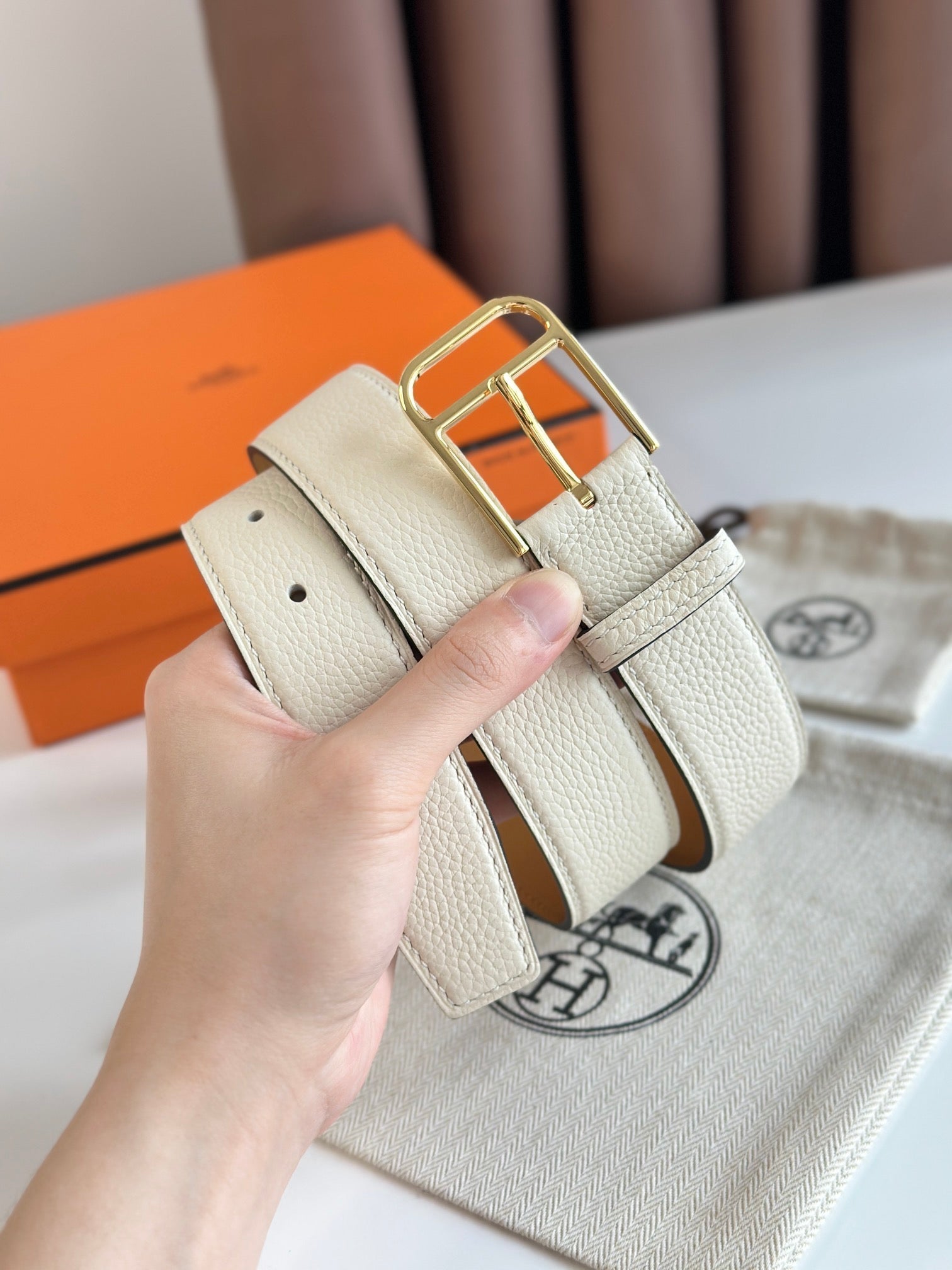 HM ROMAIN 35MM BELT WHITE CREAM LEATHER GOLD HARDWARE