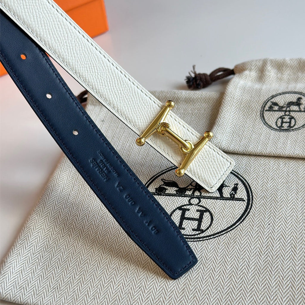 HM Gold Mors H buckle & Reversible 24 mm belt Blue Beige leather 125365