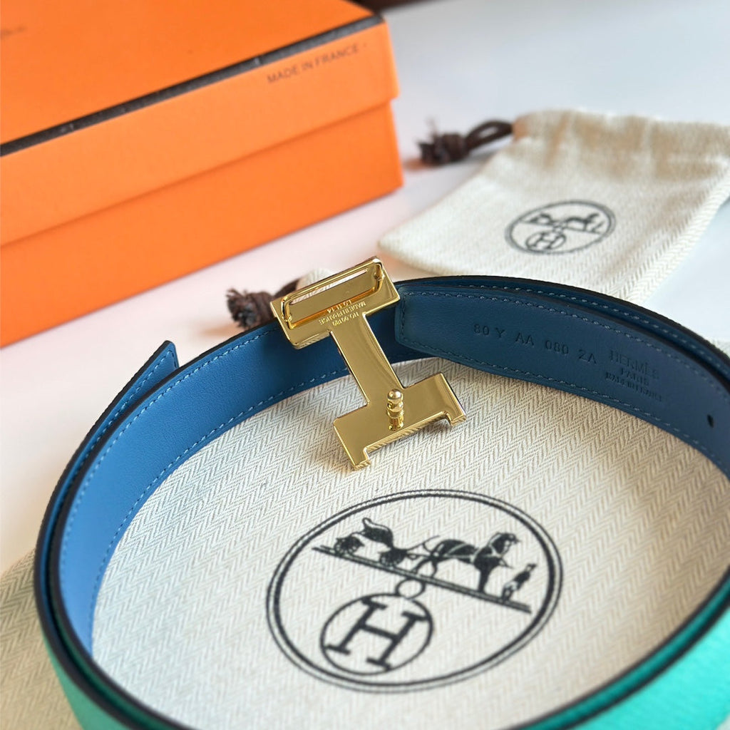 HM Gold Constance & Reverible Belt Blue Green Leather 125374