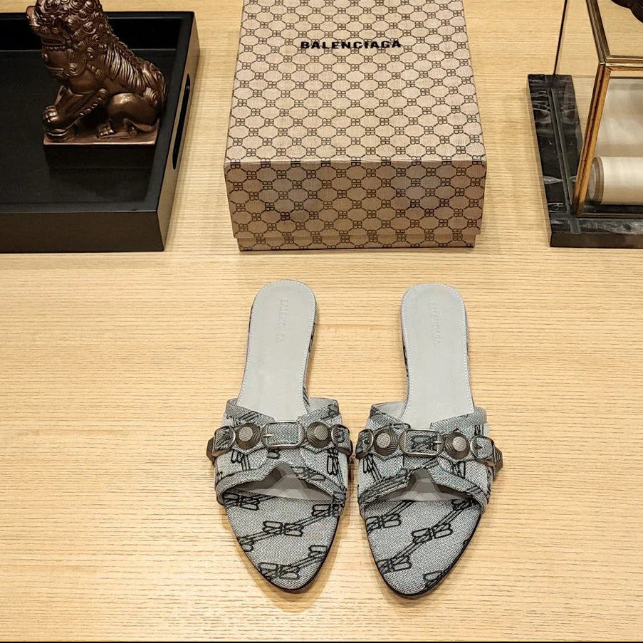 Balenciaga 26s Flat Slippers Gray Canvas Leather 681305