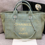 CC DEAUVILLE TOTE BAG 34CM KHAKI DENIM SILVER HARDWARE