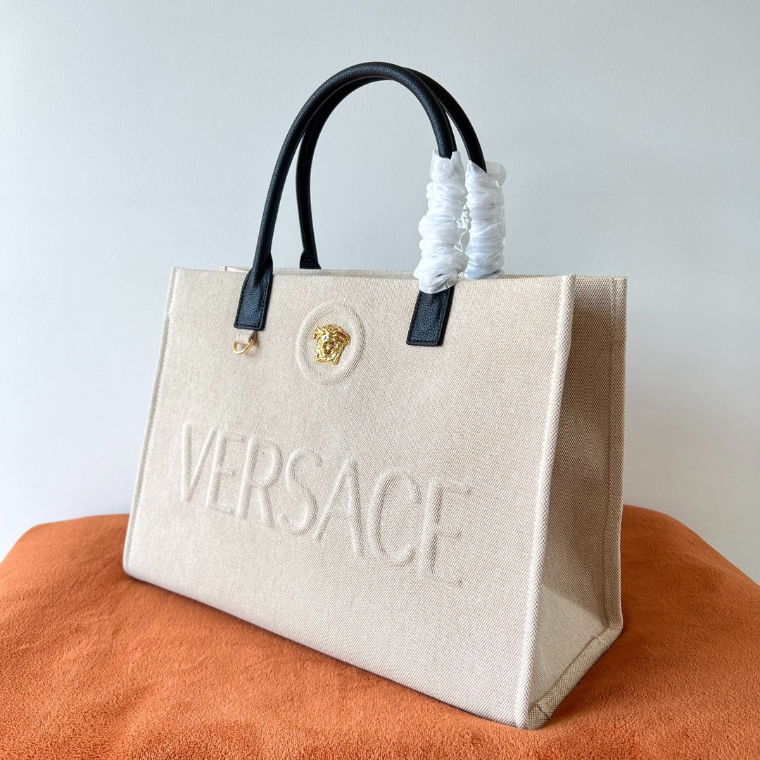Versace Beige Denim Canvas Tote Bag 40 With Black Cowhide Handle 175561