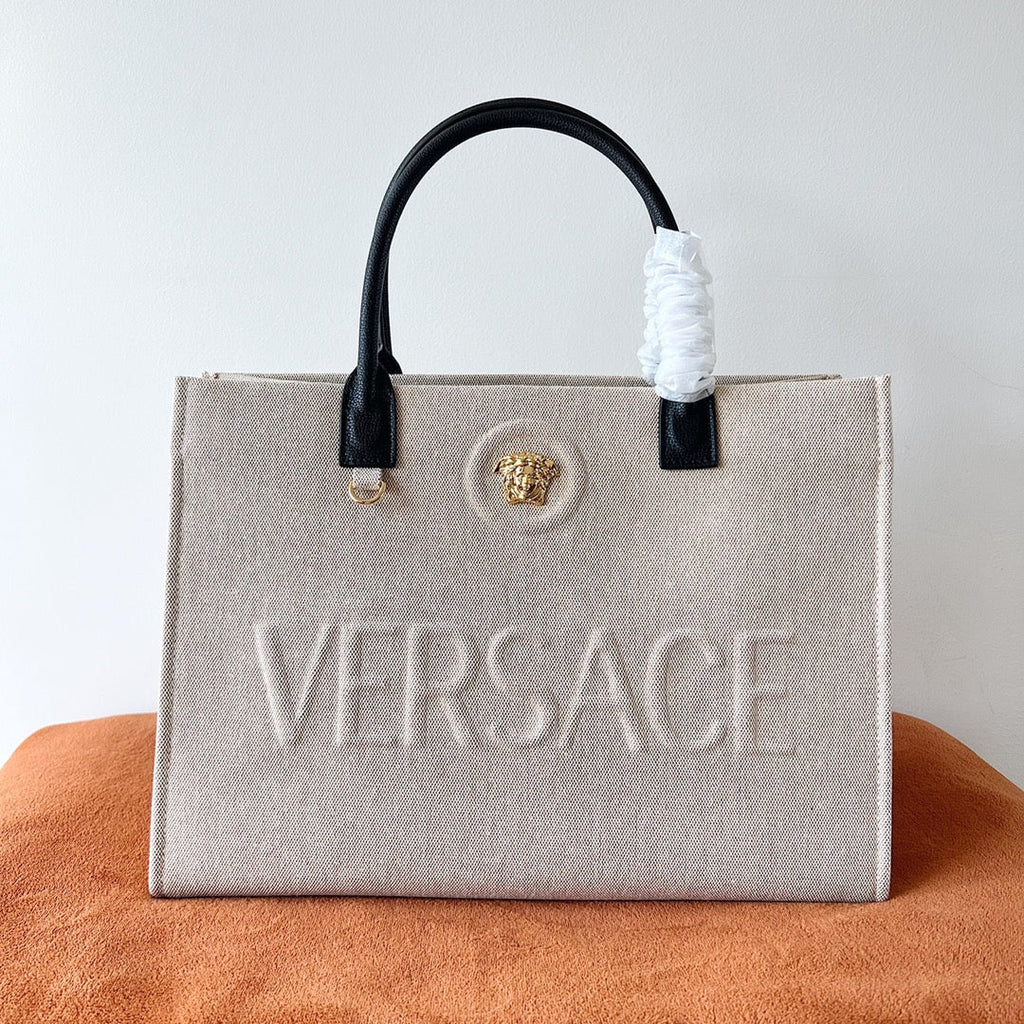 Versace Beige Denim Canvas Tote Bag 40 With Black Cowhide Handle 175561