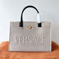 Versace Beige Denim Canvas Tote Bag 40 With Black Cowhide Handle 175561