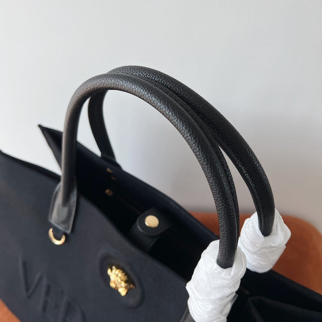 Versace Black Denim Canvas Tote Bag 40 With Cowhide Handle 175560