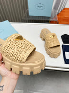 PRA THICK-SOLED CROCHET SANDALS BEIGE WOVEN FABRIC