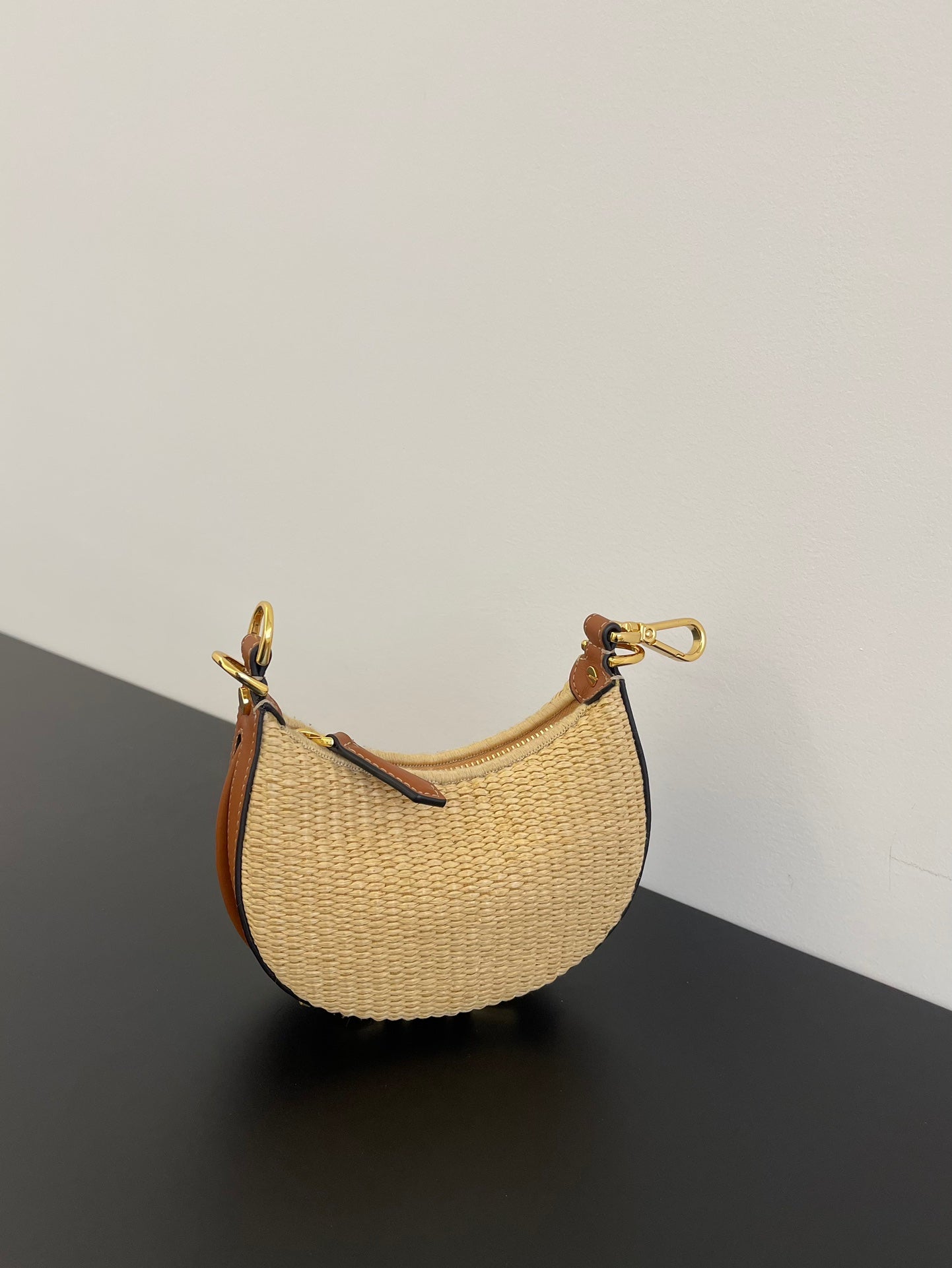 FENDIGRAPHY MINI 16 IN BEIGE STRAW AND BROWN CALFSKIN TRIM GOLD HARDWARE
