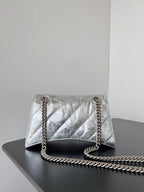 CRUSH CHAINED BAG 25 IN SILVER METALLIC QUILTED CRUSHED CALFSKIN