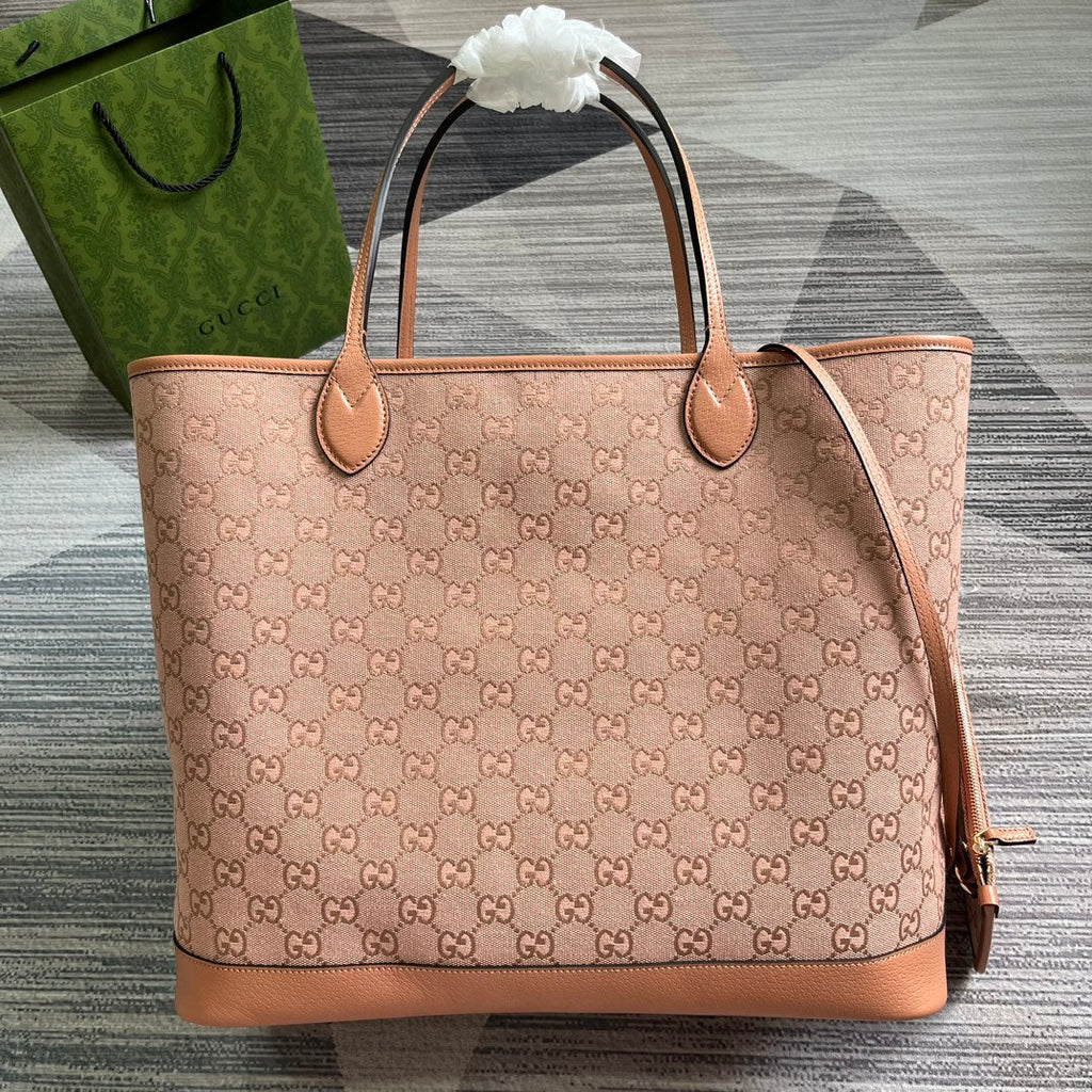 GG OPHIDIA LARGE 40 TOTE BAG IN LIGHT PINK CANVAS