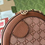 OPHIDIA MINI ROUND SHOULDER BAG 18 IN BLUSH PINK CANVAS AND BROWN LEATHER TRIM