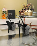 SL SUPER HIGH HEELS SANDAL BLACK SATIN-WHITE CRYSTAL