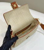Fend Baguette Tan Beige Canvas Bag 27 with FF Embroidery Ghw