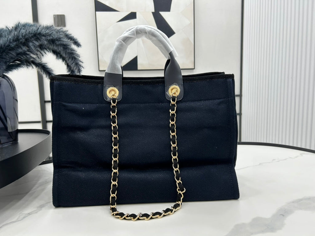 CC Deauville Tweed Bag Navy Leather Gold Hardware 21