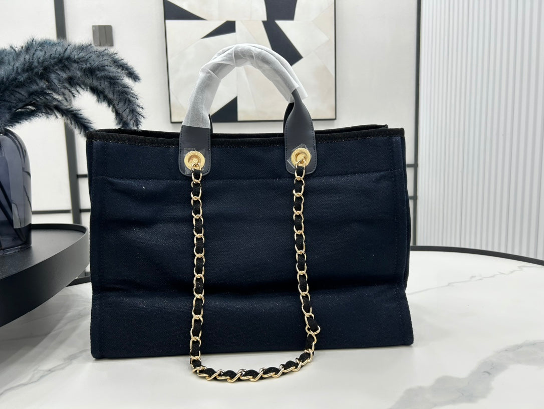 CC Deauville Tweed Bag Navy Leather Gold Hardware 21