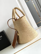 teen triomphe straw bucket bag 23cm raffia brown calfskin