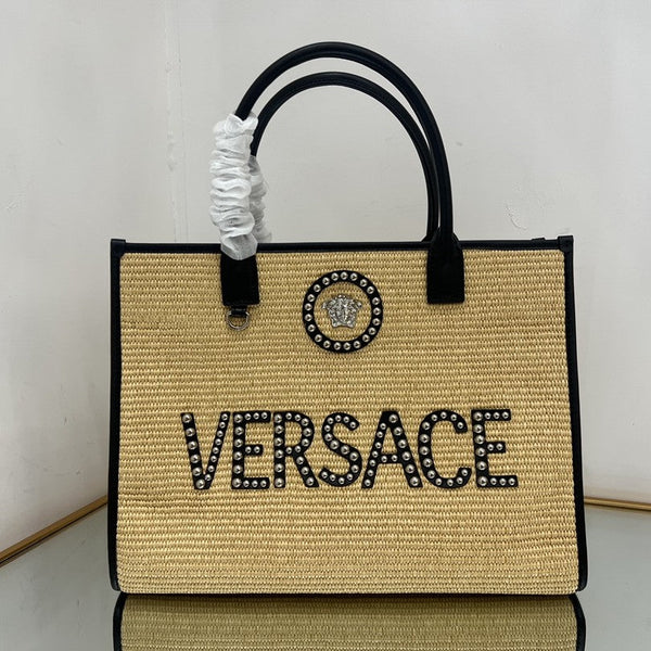 Versace Beige Raffia Tote Bag 40 With Black Cowhide Handle 175562